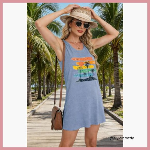 Cotton Blend Tank Sundress Casual Beach Vacation Dress - Picture 2 of 5